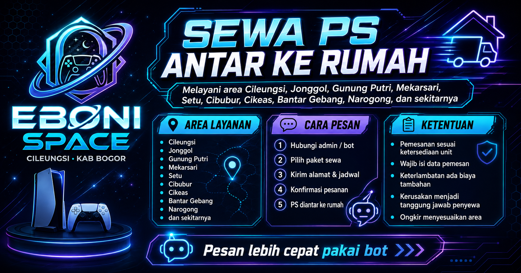 Sewa PS4 dan PS5 antar ke rumah di Cileungsi