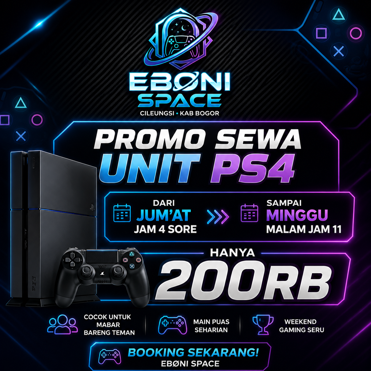Promo Happy Weekend sewa PS4 Eboni Space